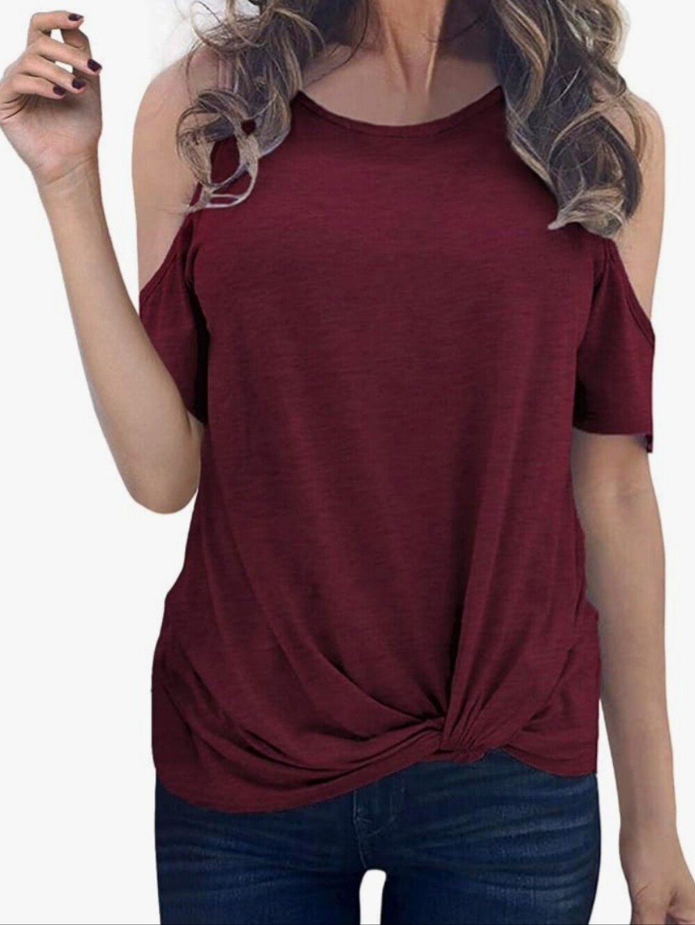 Women’s Cold-Shoulder Knot Front Top - Maroon
